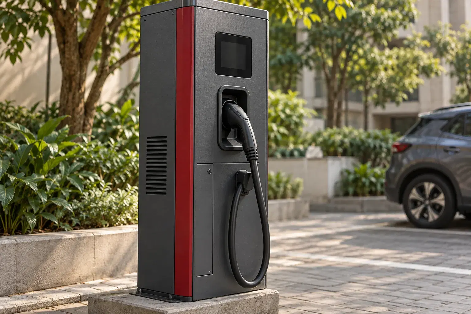 Illustrative close-up of charging equipment and its vehicle connector